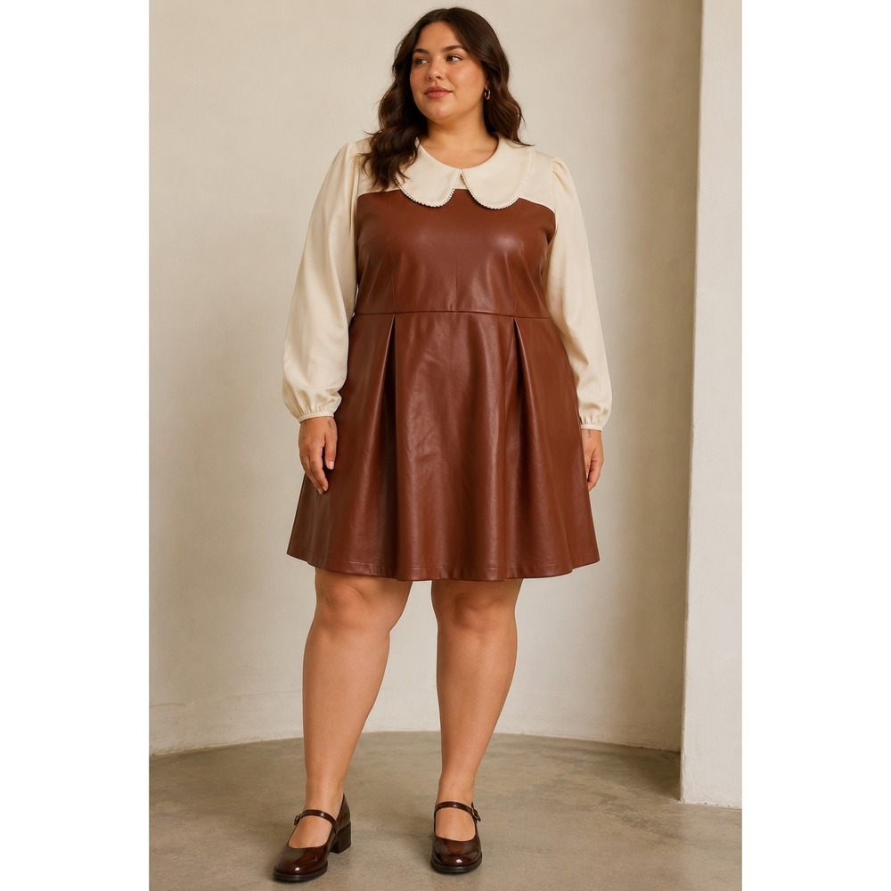NWT Ivy City Co Tawny Dress Brown Vegan Leather Peter Pan Collar 20W